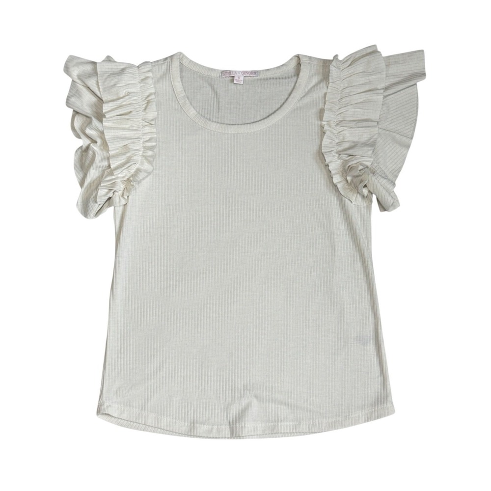 Stella + Ginger Juniors Womens Cream Ribbed Ruffle Sleeve Top Small
